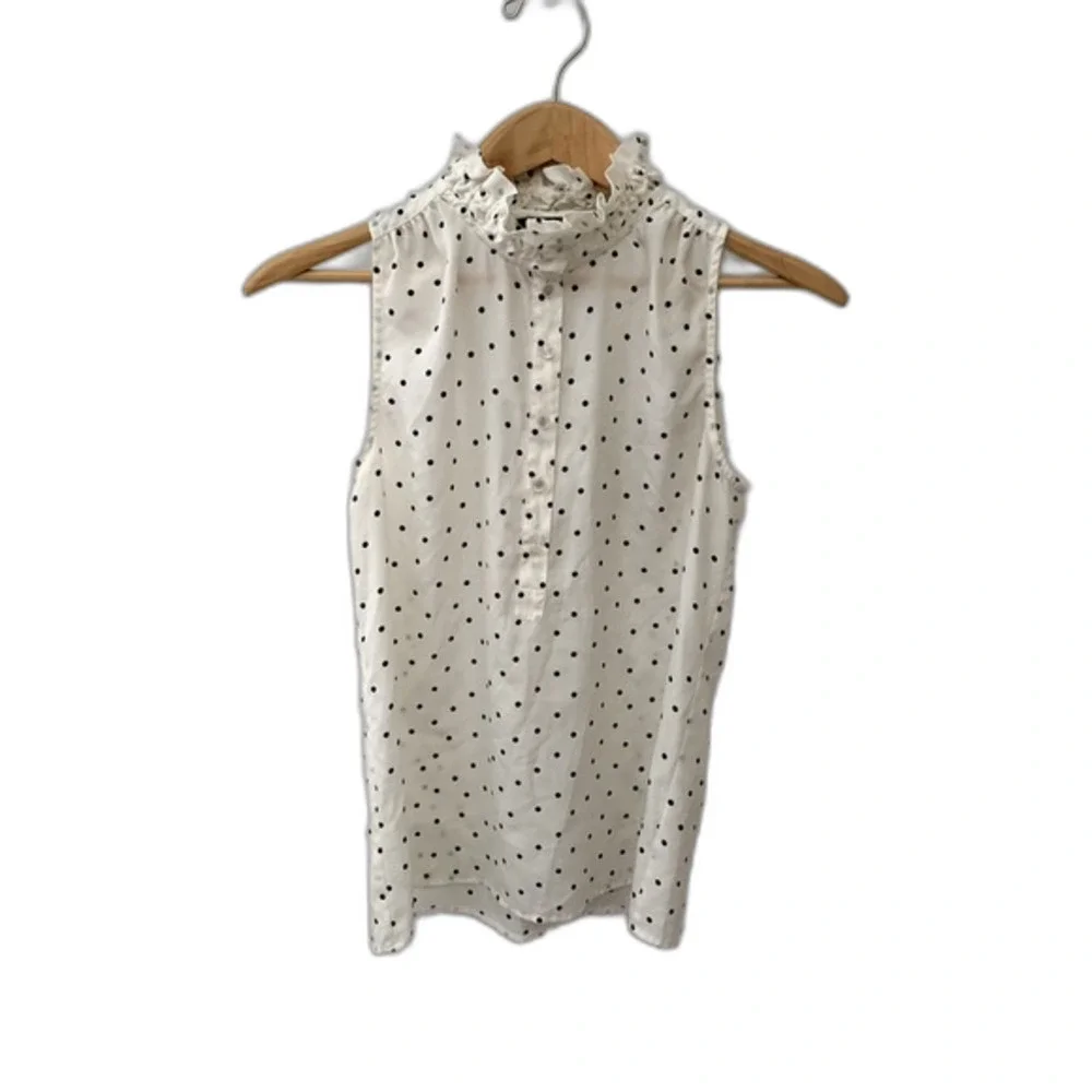 J. Crew Womens Ivory Black Dot Silky Ruffle Neck Sleeveless 1/2 Button Top Size